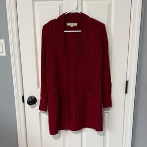 LOFT Deep Red Open-Front Ribbed Cardigan